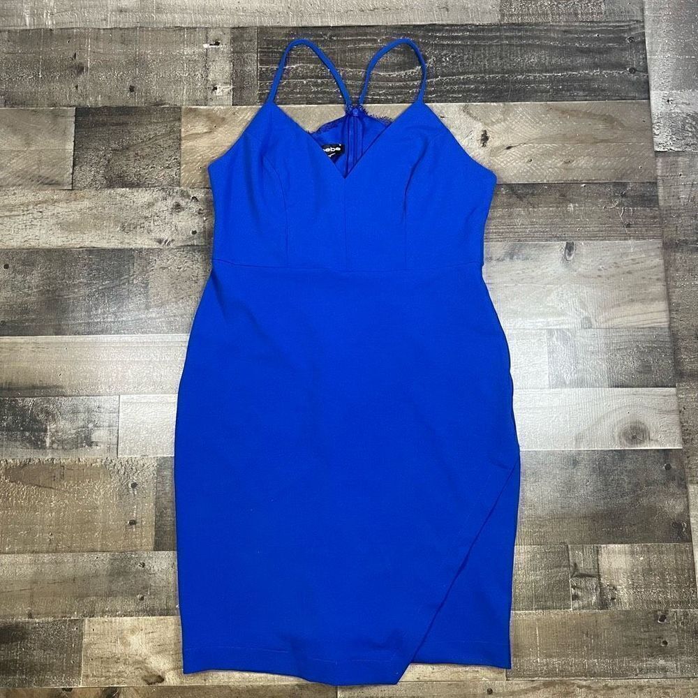 Bebe Women’s Size 14 Strappy Pencil Dress Blue Lace Back Zip Up Faux Wrap